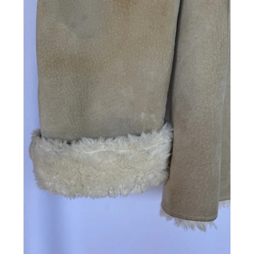 Jones NY Womens Penny Lane Suede Faux Fur Lined Coat Size L Hood Zip Tan *flaws